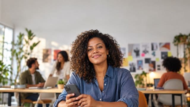 Profissional de marketing sorrindo, com camisa casual azul, segurando um smartphone, em uma agência criativa moderna com equipe desfocada e quadros de ideias