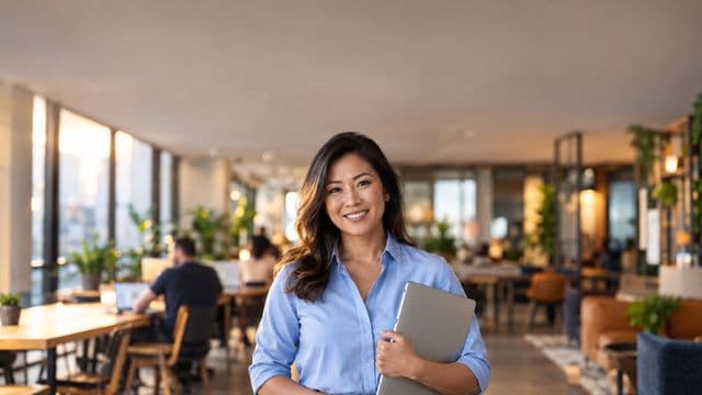 Empreendedora sorrindo, com camisa social azul com as mangas dobradas, segurando um notebook, em um espaço de coworking moderno e iluminado