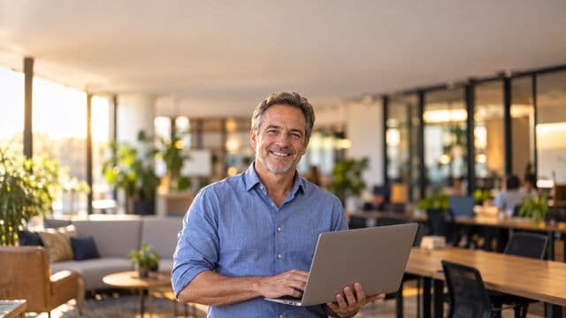 Empreendedor sorrindo, com camisa social azul com as mangas dobradas, segurando um notebook, em um espaço de coworking moderno e iluminado