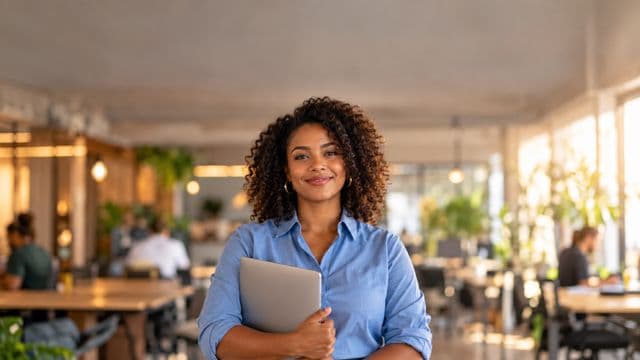 Empreendedora sorrindo, com camisa social azul com as mangas dobradas, segurando um notebook, em um espaço de coworking moderno e iluminado