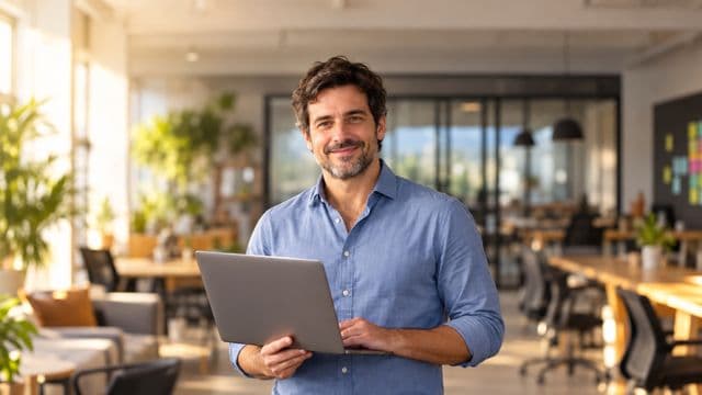 Empreendedor sorrindo, com camisa social azul com as mangas dobradas, segurando um notebook, em um espaço de coworking moderno e iluminado