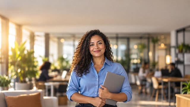 Empreendedora sorrindo, com camisa social azul com as mangas dobradas, segurando um notebook, em um espaço de coworking moderno e iluminado
