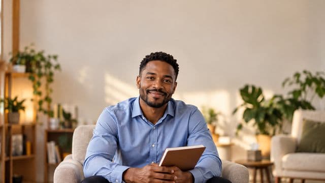Psicólogo sorrindo, com camisa social azul, sem gravata, segurando um caderno de anotações, em um consultório de psicologia aconchegante com poltronas e plantas