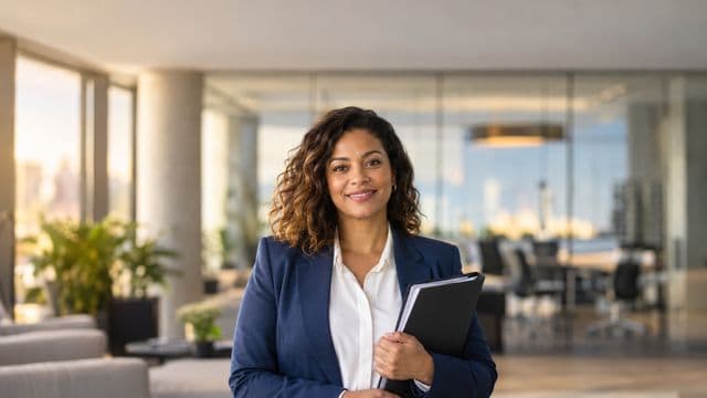 Profissional de recursos humanos sorrindo, com blazer azul sobre camisa branca, segurando uma pasta de documentos, em um escritório moderno com uma sala de reunião envidraçada