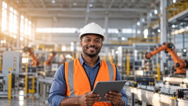 Engenheiro de produção sorrindo, com capacete branco e colete laranja sobre camisa azul, segurando um tablet, em uma fábrica moderna com linha de produção e braços robóticos