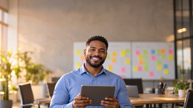 Gerente de projetos sorrindo, com camisa social azul, segurando um tablet, em uma sala de reunião com um quadro de tarefas cheio de post-its coloridos