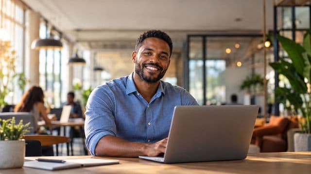 Empreendedor sorrindo, com camisa social azul com as mangas dobradas, segurando um notebook, em um espaço de coworking moderno e iluminado