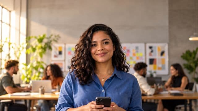 Profissional de marketing sorrindo, com camisa casual azul, segurando um smartphone, em uma agência criativa moderna com equipe desfocada e quadros de ideias