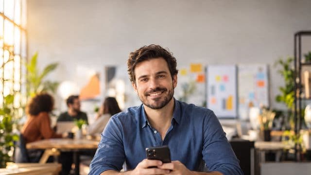 Profissional de marketing sorrindo, com camisa casual azul, segurando um smartphone, em uma agência criativa moderna com equipe desfocada e quadros de ideias