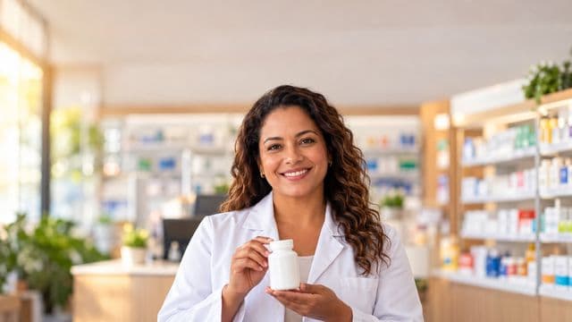 Farmacêutica sorrindo, com jaleco branco, segurando um frasco de medicamento sem rótulo legível, em uma farmácia moderna com prateleiras organizadas