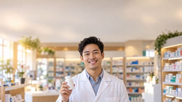 Farmacêutico sorrindo, com jaleco branco, segurando um frasco de medicamento sem rótulo legível, em uma farmácia moderna com prateleiras organizadas