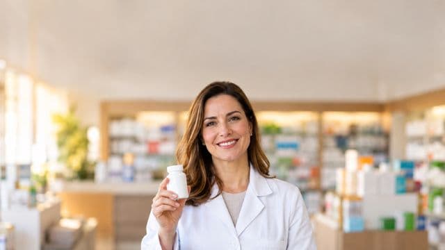 Farmacêutica sorrindo, com jaleco branco, segurando um frasco de medicamento sem rótulo legível, em uma farmácia moderna com prateleiras organizadas