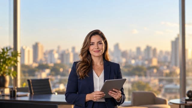 Analista financeira sorrindo, com terno azul-marinho, segurando um tablet, em um escritório corporativo com vista para a cidade