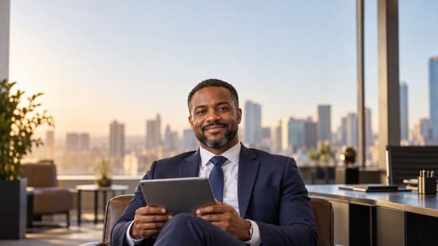 Analista financeiro sorrindo, com terno azul-marinho, segurando um tablet, em um escritório corporativo com vista para a cidade