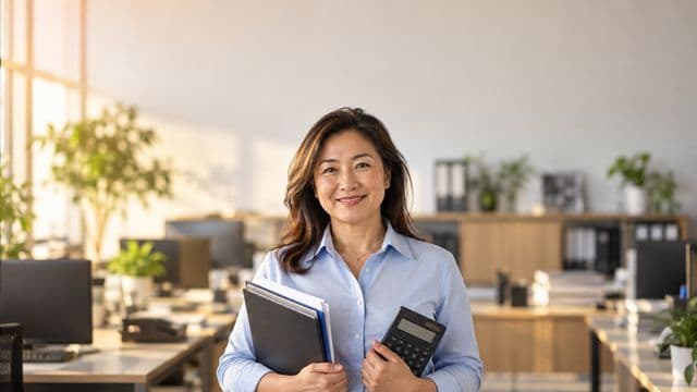 Contadora sorrindo, com camisa social azul-clara, segurando uma calculadora e uma pasta de documentos, em um escritório contábil moderno