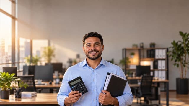 Contador sorrindo, com camisa social azul-clara, segurando uma calculadora e uma pasta de documentos, em um escritório contábil moderno