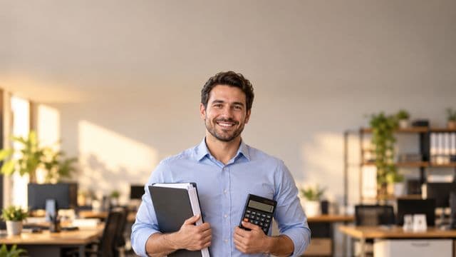 Contador sorrindo, com camisa social azul-clara, segurando uma calculadora e uma pasta de documentos, em um escritório contábil moderno