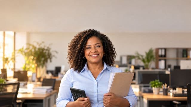 Contadora sorrindo, com camisa social azul-clara, segurando uma calculadora e uma pasta de documentos, em um escritório contábil moderno