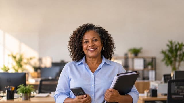 Contadora sorrindo, com camisa social azul-clara, segurando uma calculadora e uma pasta de documentos, em um escritório contábil moderno