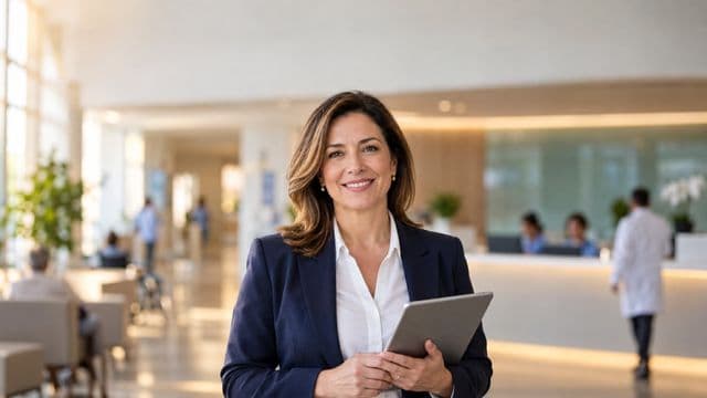 Gestora hospitalar sorrindo, com blazer azul-marinho sobre camisa branca, segurando um tablet, em a recepção de um hospital moderno