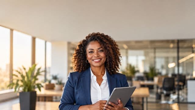 Profissional sorrindo, com blazer azul sobre camisa branca, segurando um tablet, em um escritório moderno e bem iluminado