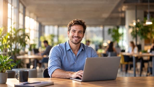 Empreendedor sorrindo, com camisa social azul com as mangas dobradas, segurando um notebook, em um espaço de coworking moderno e iluminado