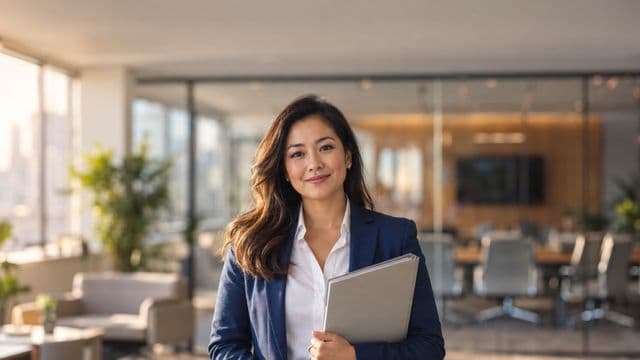 Profissional de recursos humanos sorrindo, com blazer azul sobre camisa branca, segurando uma pasta de documentos, em um escritório moderno com uma sala de reunião envidraçada