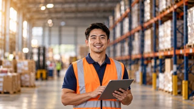 Profissional de logística sorrindo, com colete refletivo laranja sobre camisa polo azul, segurando um tablet, em um centro de distribuição com prateleiras altas e caixas