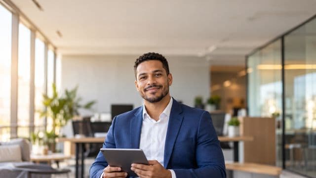 Profissional sorrindo, com blazer azul sobre camisa branca, segurando um tablet, em um escritório moderno e bem iluminado