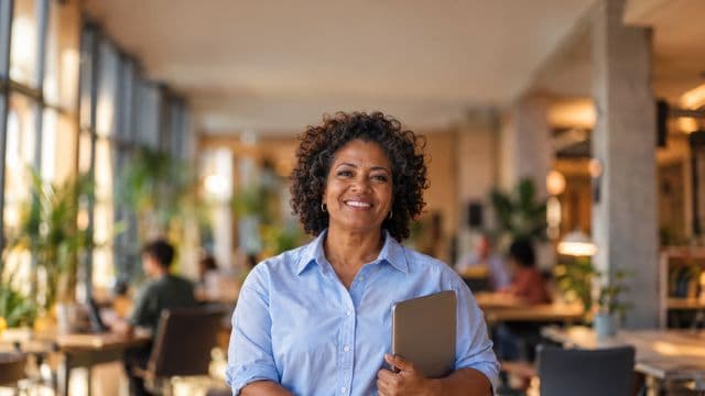 Empreendedora sorrindo, com camisa social azul com as mangas dobradas, segurando um notebook, em um espaço de coworking moderno e iluminado