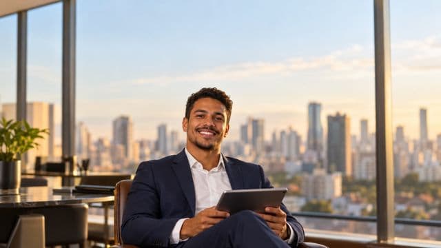 Analista financeiro sorrindo, com terno azul-marinho, segurando um tablet, em um escritório corporativo com vista para a cidade
