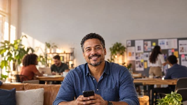 Profissional de marketing sorrindo, com camisa casual azul, segurando um smartphone, em uma agência criativa moderna com equipe desfocada e quadros de ideias