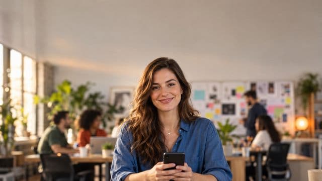 Profissional de marketing sorrindo, com camisa casual azul, segurando um smartphone, em uma agência criativa moderna com equipe desfocada e quadros de ideias