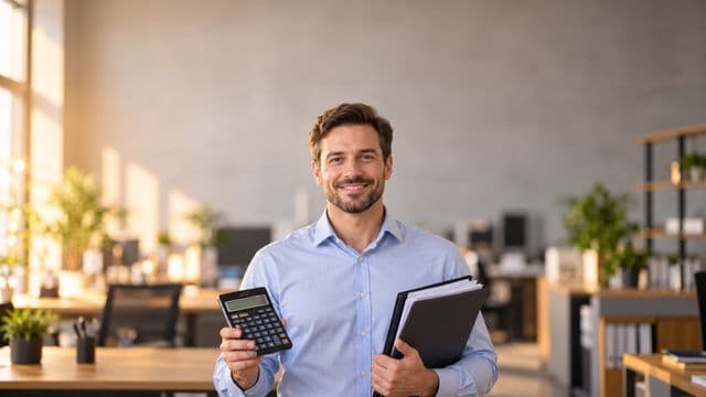 Contador sorrindo, com camisa social azul-clara, segurando uma calculadora e uma pasta de documentos, em um escritório contábil moderno