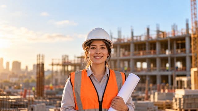 Engenheira civil sorrindo, com capacete branco e colete refletivo laranja, segurando uma planta da obra enrolada, em um canteiro de obras com a estrutura de um prédio