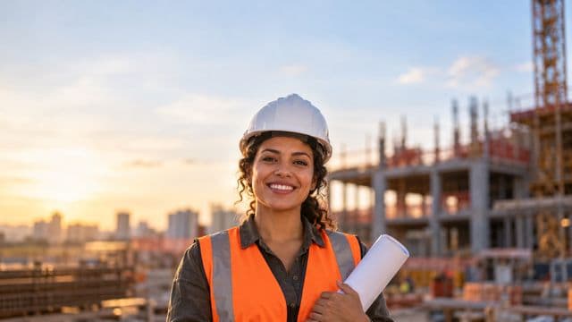 Engenheira civil sorrindo, com capacete branco e colete refletivo laranja, segurando uma planta da obra enrolada, em um canteiro de obras com a estrutura de um prédio