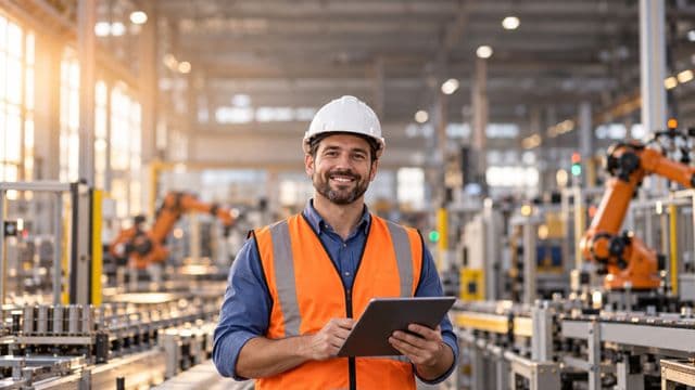 Engenheiro de produção sorrindo, com capacete branco e colete laranja sobre camisa azul, segurando um tablet, em uma fábrica moderna com linha de produção e braços robóticos