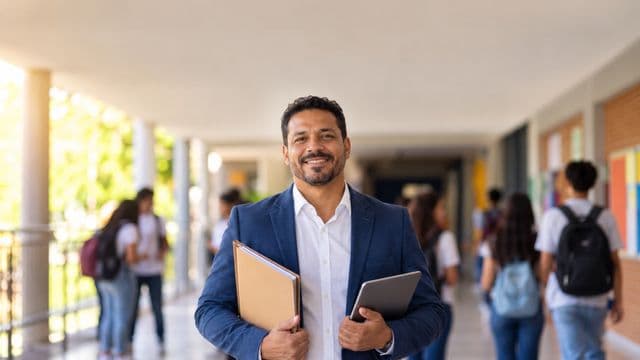 Gestor escolar sorrindo, com blazer azul sobre camisa branca, segurando uma pasta e um tablet, em o corredor de uma escola moderna com alunos desfocados