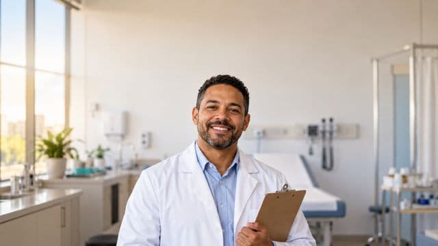 Profissional de saúde sorrindo, com jaleco branco sobre camisa azul-clara, segurando uma prancheta, em uma clínica moderna e bem iluminada