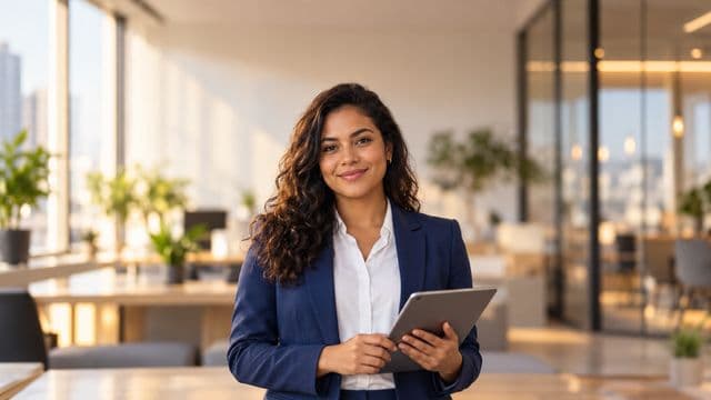 Profissional sorrindo, com blazer azul sobre camisa branca, segurando um tablet, em um escritório moderno e bem iluminado