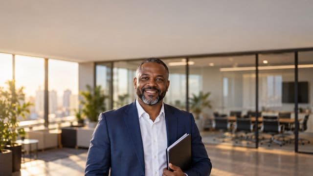 Profissional de recursos humanos sorrindo, com blazer azul sobre camisa branca, segurando uma pasta de documentos, em um escritório moderno com uma sala de reunião envidraçada