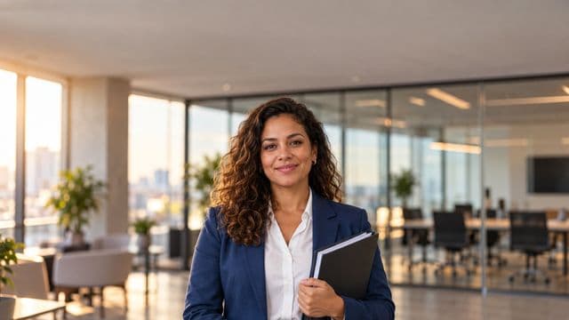 Profissional de recursos humanos sorrindo, com blazer azul sobre camisa branca, segurando uma pasta de documentos, em um escritório moderno com uma sala de reunião envidraçada