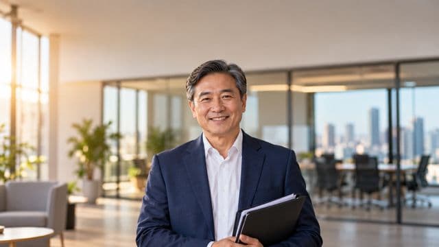Profissional de recursos humanos sorrindo, com blazer azul sobre camisa branca, segurando uma pasta de documentos, em um escritório moderno com uma sala de reunião envidraçada