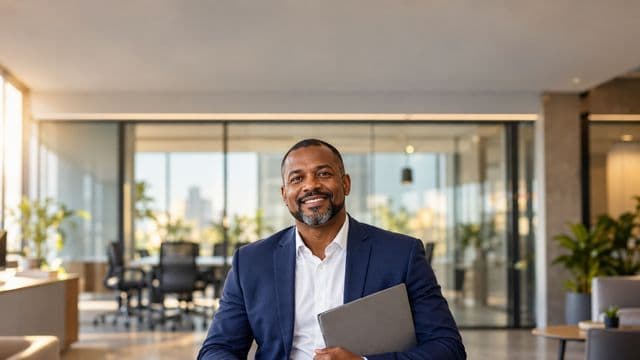 Profissional de recursos humanos sorrindo, com blazer azul sobre camisa branca, segurando uma pasta de documentos, em um escritório moderno com uma sala de reunião envidraçada