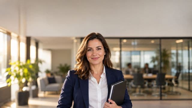 Profissional de recursos humanos sorrindo, com blazer azul sobre camisa branca, segurando uma pasta de documentos, em um escritório moderno com uma sala de reunião envidraçada