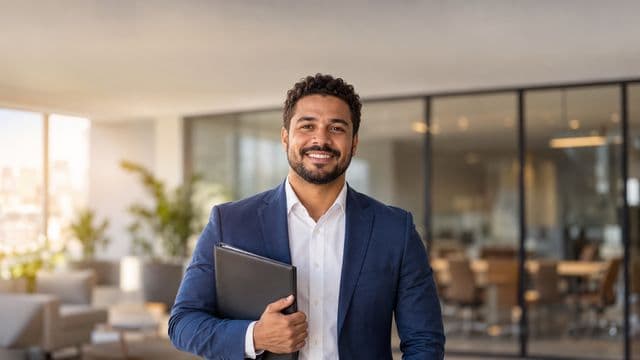 Profissional de recursos humanos sorrindo, com blazer azul sobre camisa branca, segurando uma pasta de documentos, em um escritório moderno com uma sala de reunião envidraçada