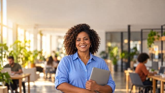 Empreendedora sorrindo, com camisa social azul com as mangas dobradas, segurando um notebook, em um espaço de coworking moderno e iluminado