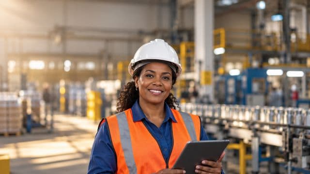 Técnica industrial sorrindo, com capacete branco e colete laranja sobre camisa azul, segurando um tablet, em uma fábrica moderna com linha de produção