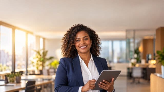 Profissional sorrindo, com blazer azul sobre camisa branca, segurando um tablet, em um escritório moderno e bem iluminado