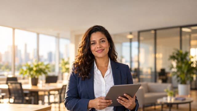 Profissional sorrindo, com blazer azul sobre camisa branca, segurando um tablet, em um escritório moderno e bem iluminado